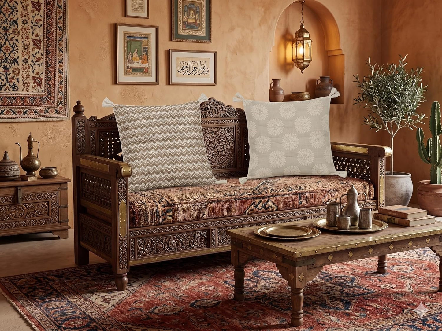 Patterned Cushion Covers – Natural Cotton, Textured Embroidery - Set of 2