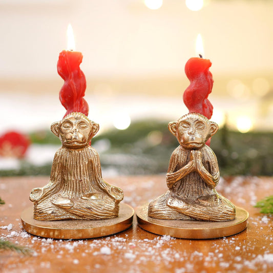 Antique Gold Yoga Monkey Aluminium Candle Holders Set of 2 | Decorative Home Decor, Festive Gift, Wedding, Anniversary, Diwali