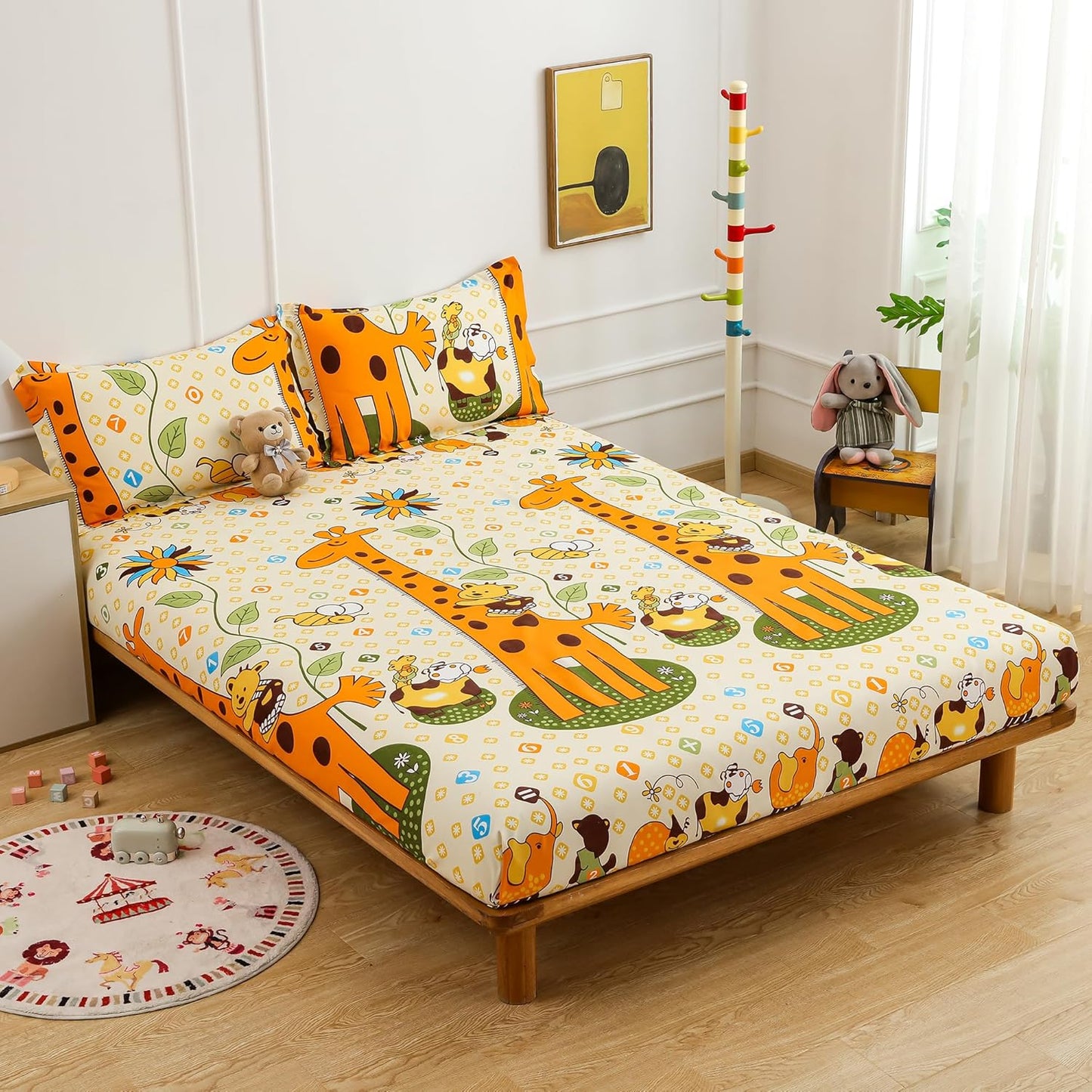 Kids Double Bed Sheet Set - 180 TC Microfiber - Baby Animals Print, 2 Pillow Covers