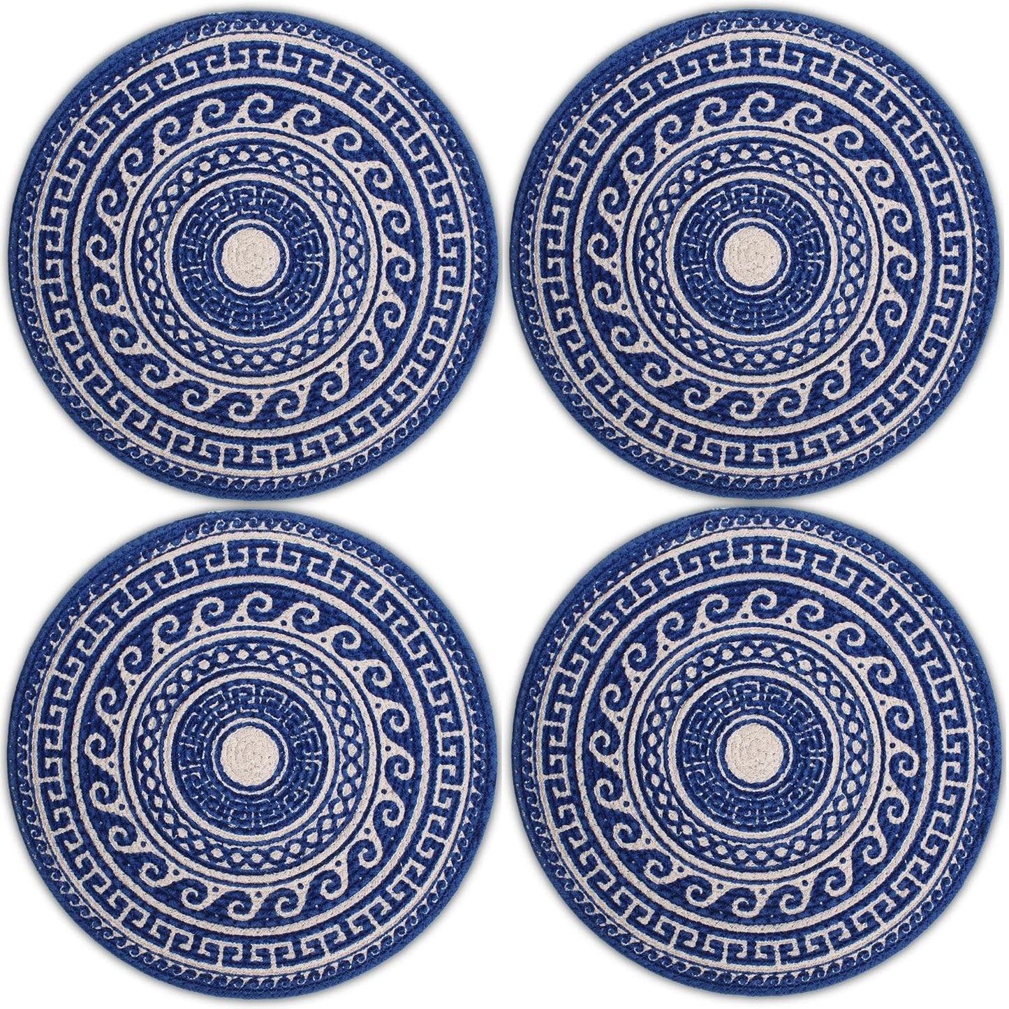 Handmade Ribbed Blue Mandala Round Table Mats Set of 4 (32cm) | Heat-Resistant, Washable Cotton Dining Placemats