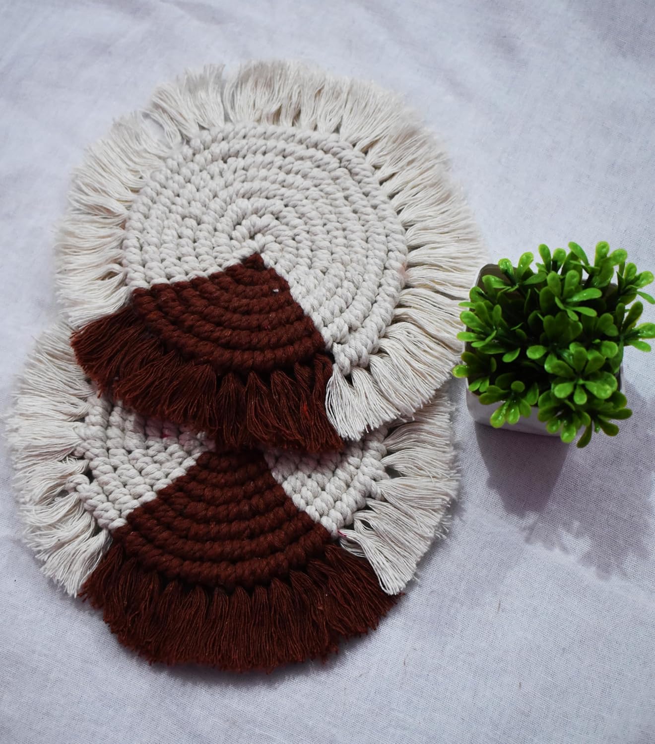 Macrame Coaster Set – Handwoven Cotton – Round 6" Diameter, Set of 2