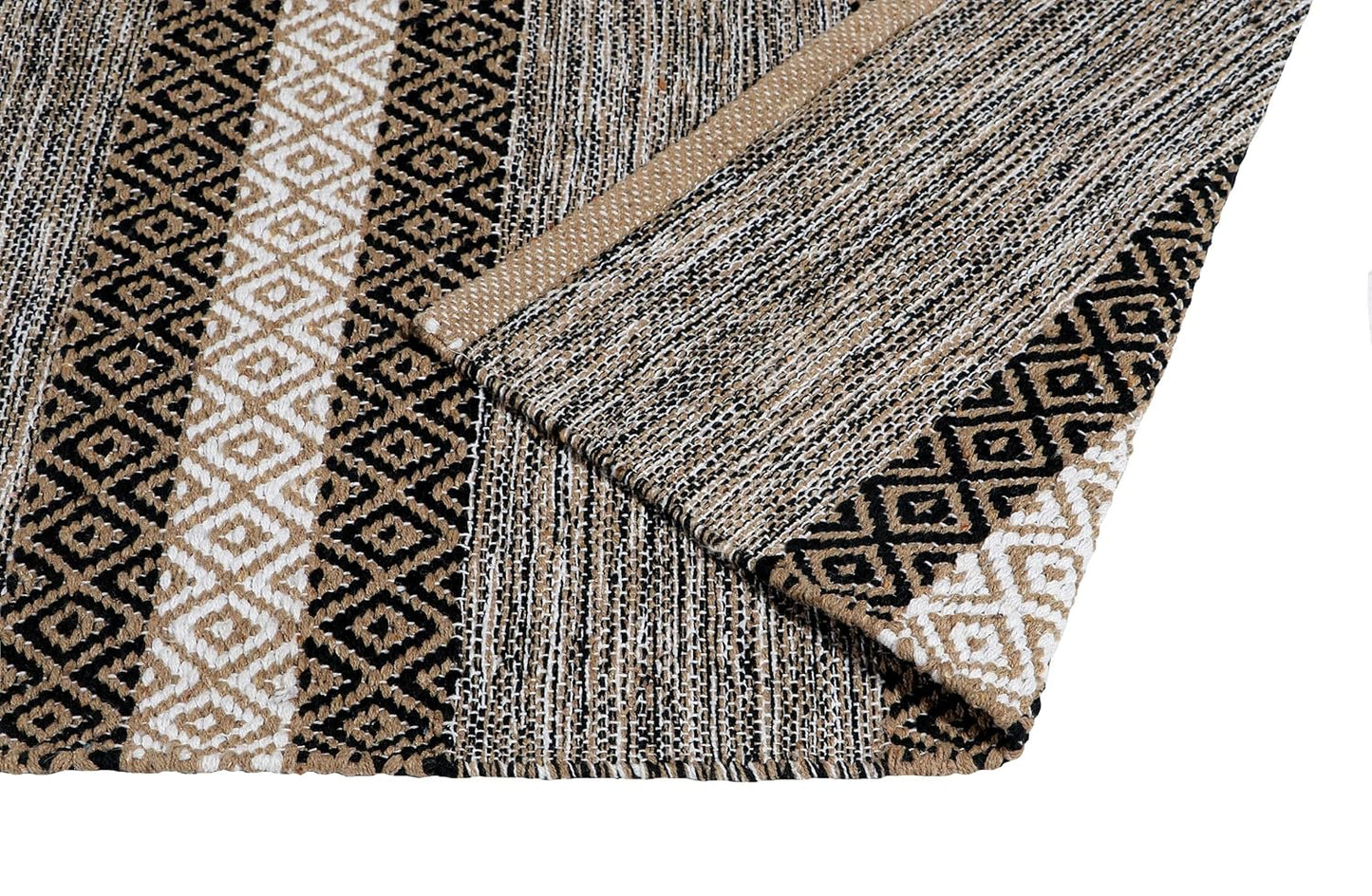 Modern Hand Woven Natural Cotton Diamond Pattern Rug 2x5 ft | Eco-Friendly Washable Bedroom Living Room Runner