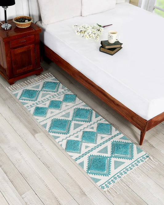 Hand Woven Tufted Sky Blue & White Cotton Rug Runner 2x5 ft | Bedroom, Living Room, Floor Decor, Indian Crafted