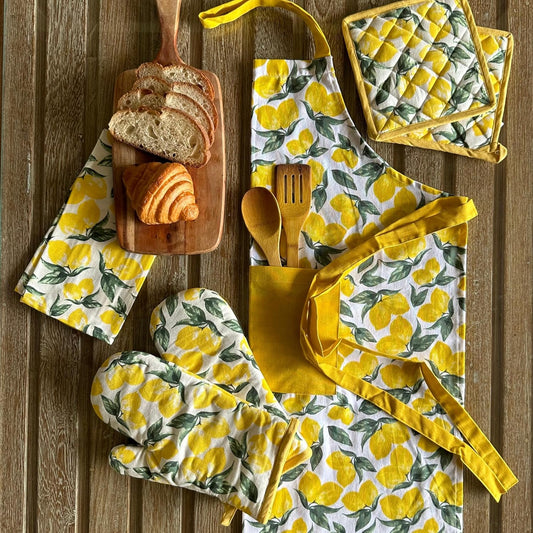 Lemon Print Apron, Mittens & Pot Holders Set – 100% Cotton – European Quality – 3-Piece