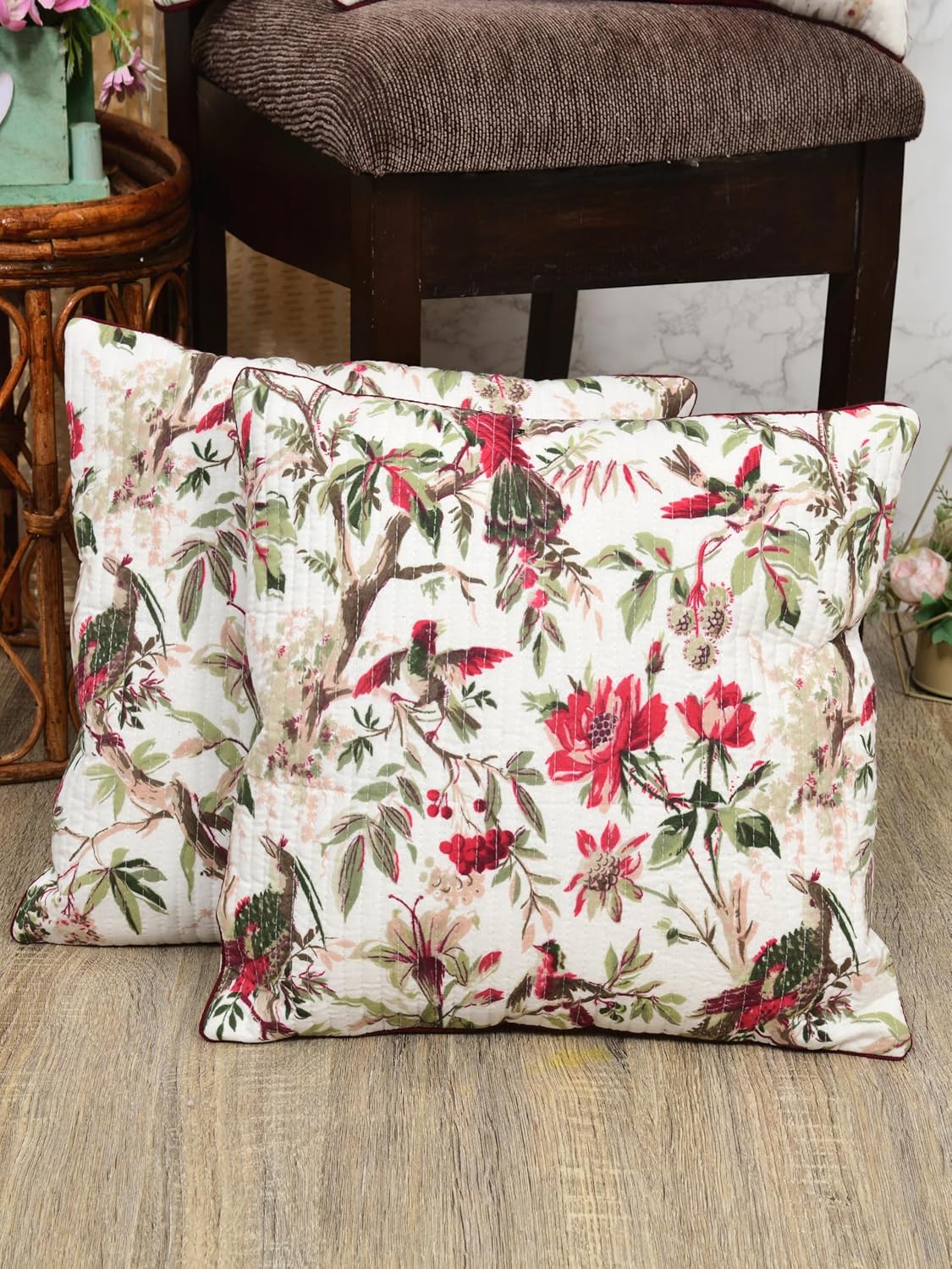 Hand Block Printed Floral Cotton Cushion Covers Set of 2, 16x16 inch | Decorative Sofa, Bed, Chair Home Decor Gift