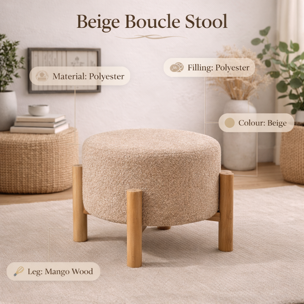Beige Boucle Ottoman Stool with Wood Legs – 40 cm