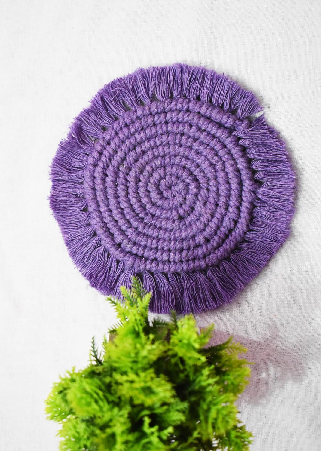 Purple Macrame Handwoven Cotton Coaster Set – 6" Diameter, 2-Pack