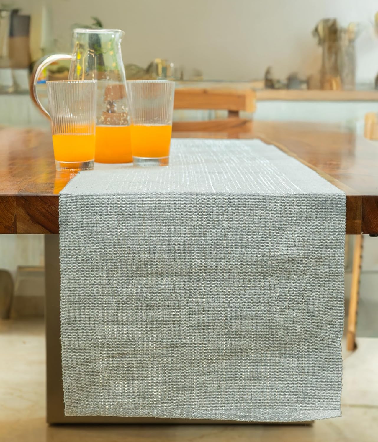 Grey-Silver Ribbed Cotton Weave Glitter Dining Table Runner 63x14 inch | Modern Festive Washable Table Decor 4-6 Seater