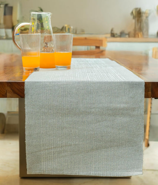 Grey-Silver Ribbed Cotton Weave Glitter Dining Table Runner 63x14 inch | Modern Festive Washable Table Decor 4-6 Seater