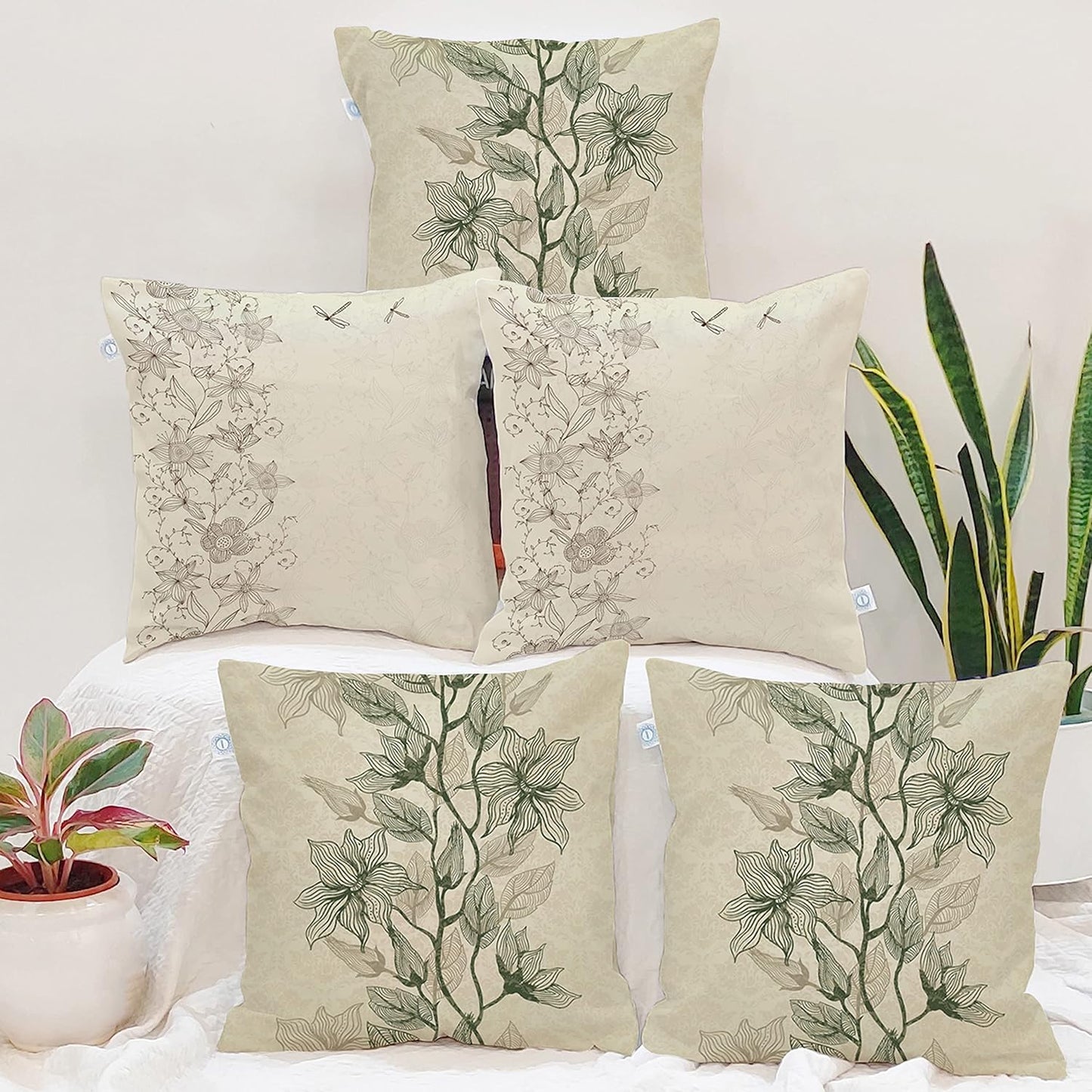 Elegant Floral Botanical Polycotton Cushion Covers Set of 5, 18x18 Inch | Decorative Throw Pillow Covers for Sofa & Living Room Decor