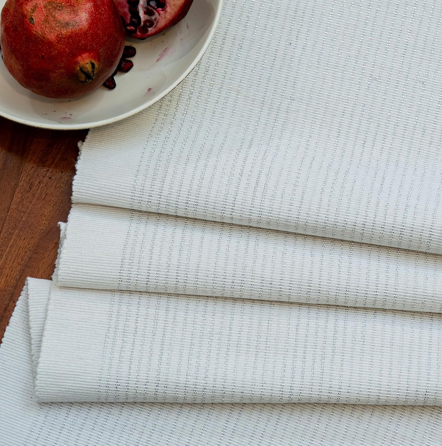 Thick Ribbed Cotton Weave Dining Table Runner, White-Silver Glitter, 63x14 inch (4-6 Seater) | Festive Kitchen Decor