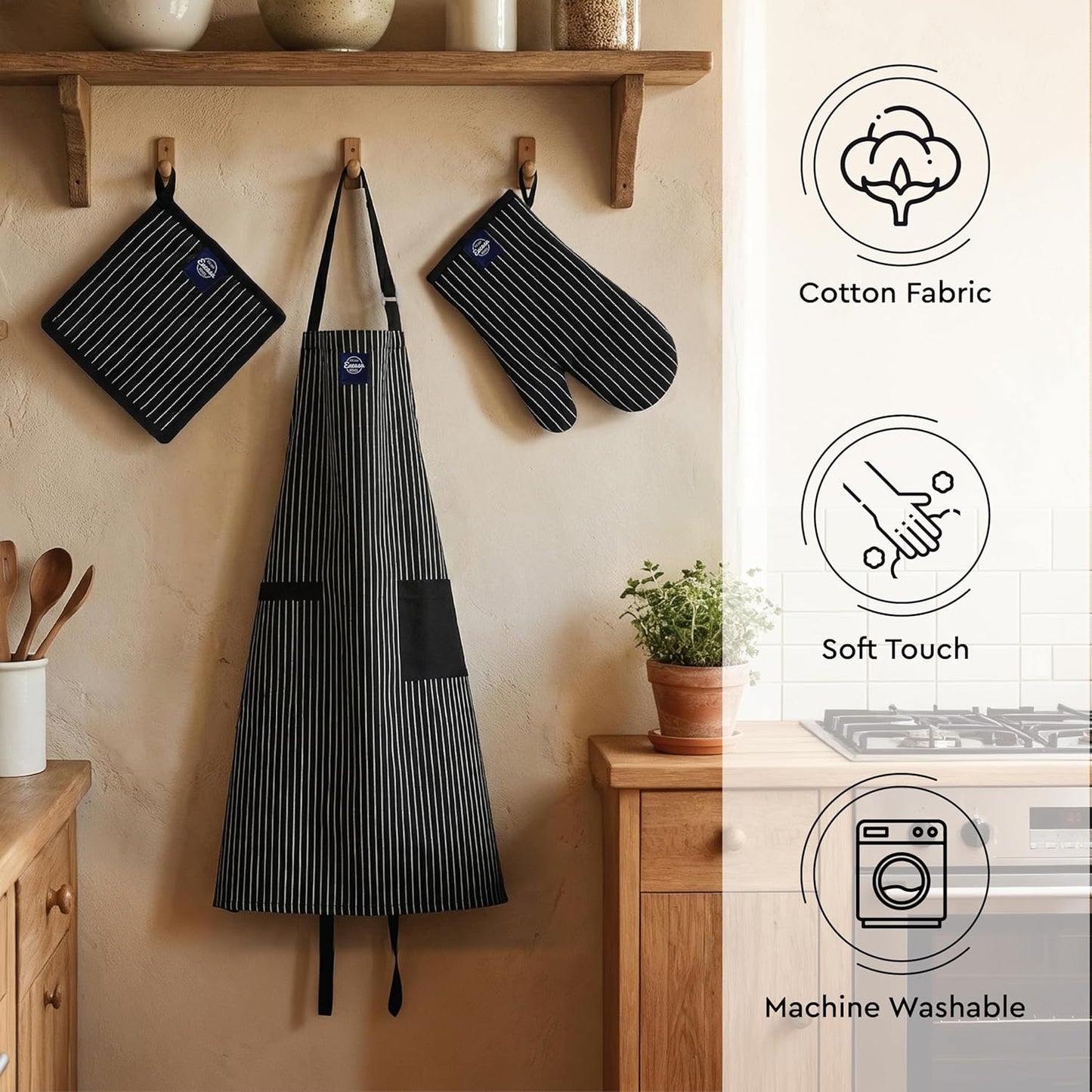 Kitchen Apron, Oven Mitts & Potholder Set – 100% Cotton – Heat Resistant – 3-Piece Pack