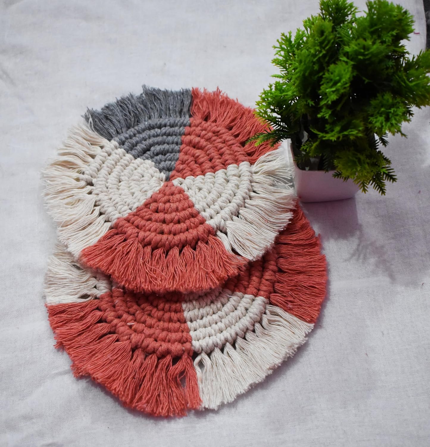 Beige Rust Macrame Handwoven Cotton Coaster Set – 6" Diameter, 2-Pack