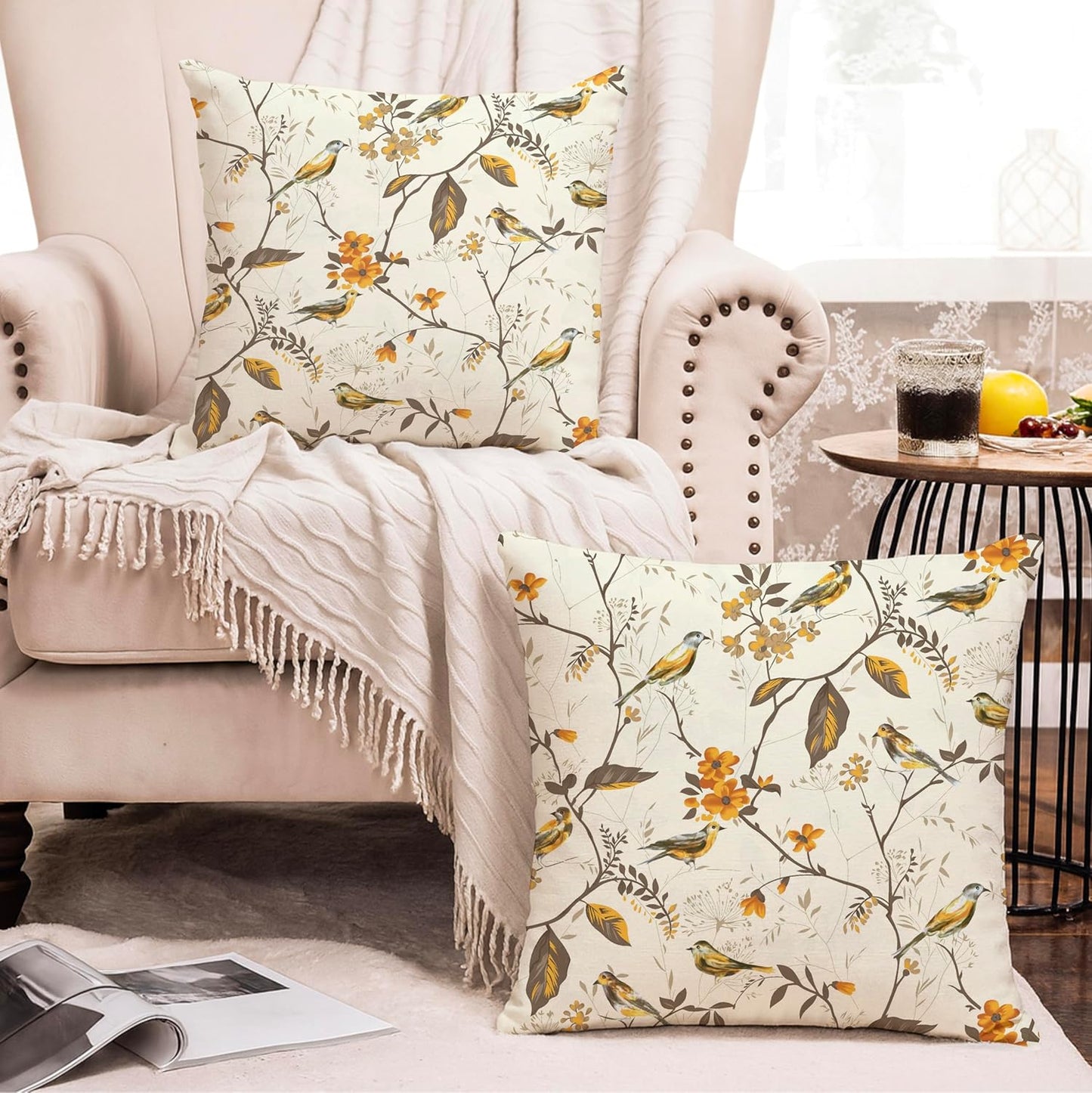 Jaipur Weaves Golden Bird Decorative Soft Cushion Covers 16x16 Inch - Set of 2 | Organic Cotton Home Decor Sofa Bed Chair