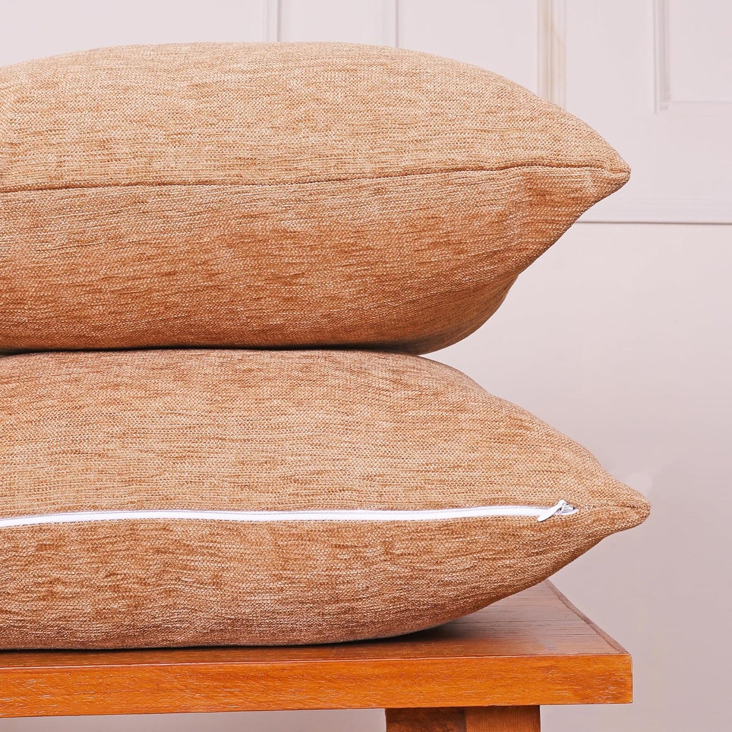 Soft Velvet-Feel Textured Dark Beige Chenille Cushion Covers Set of 2 – 16x16 Inches | Durable Machine Washable Sofa Couch Bed Decor