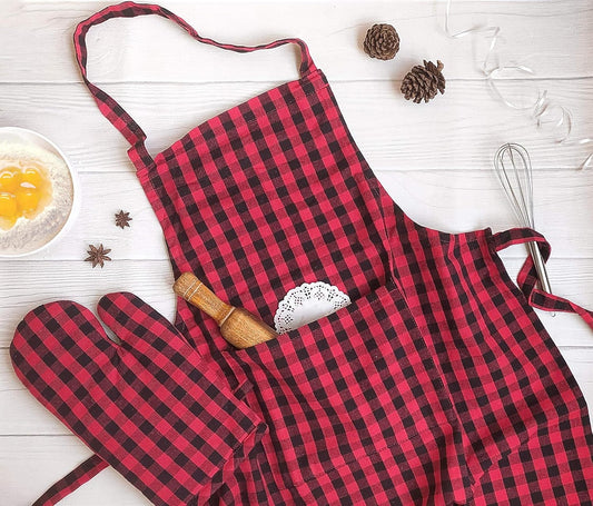 Red Checked Cotton Apron – Kitchen Apron Set – 100% Cotton – Apron & Oven Mitt