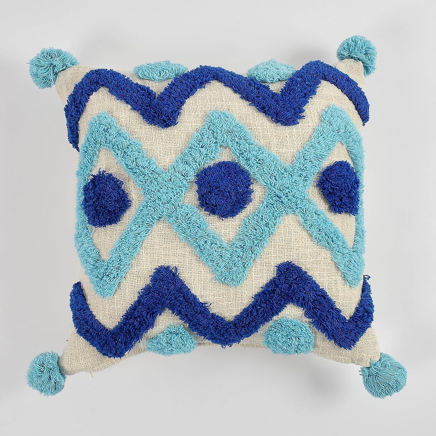 Modern Bohemian Geometric Tufted Throw Pillow Cover, Blue Mix Pom Poms, 16x16 Inch, 1 Piece | Decorative Cushion for Sofa & Home Decor