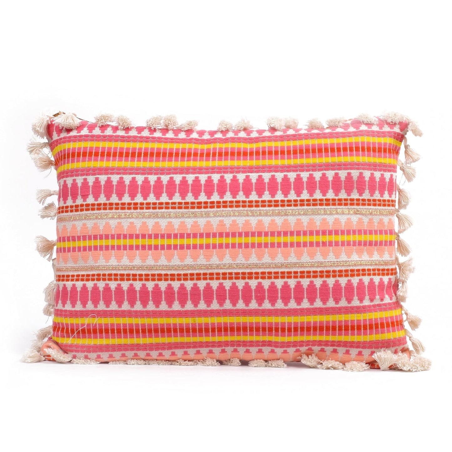 Geometric Pink Woven Cushion Covers with Tassels - 12x18 Inch Set of 2 | Decorative Throw Pillowcases for Sofa, Bed, Home Décor