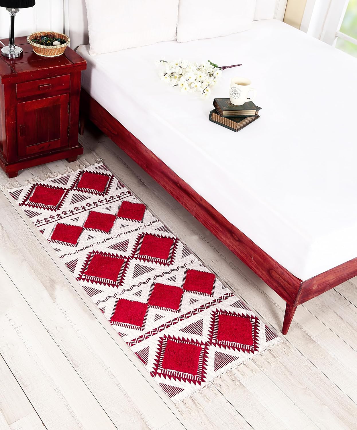 Modern Hand Woven Tufted Cotton Rug Runner 2x5 ft (Red & White) | Designer Area Carpet for Bedroom, Living Room