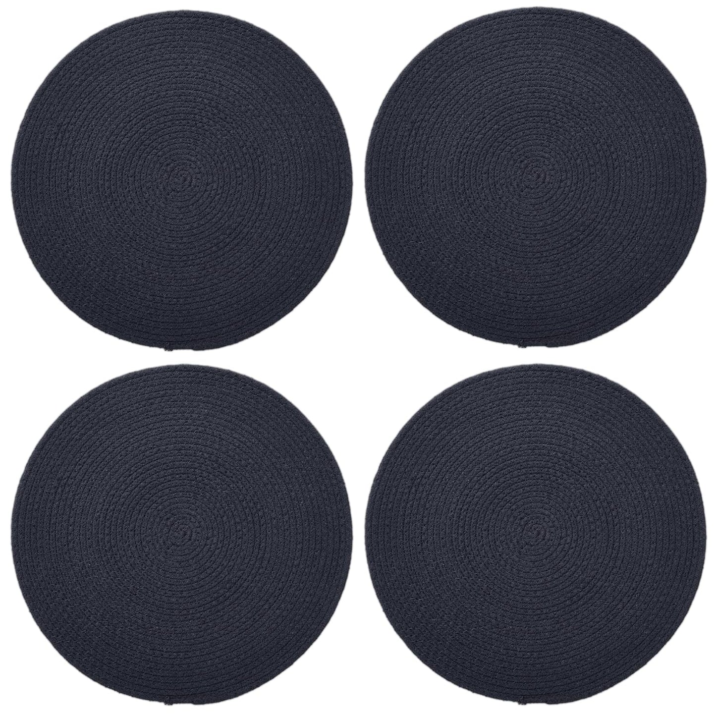Handmade Ribbed Dark Blue Round Table Mats Set of 4, 32cm | Heat-Resistant, Non-Slip, Washable Cotton Placemats