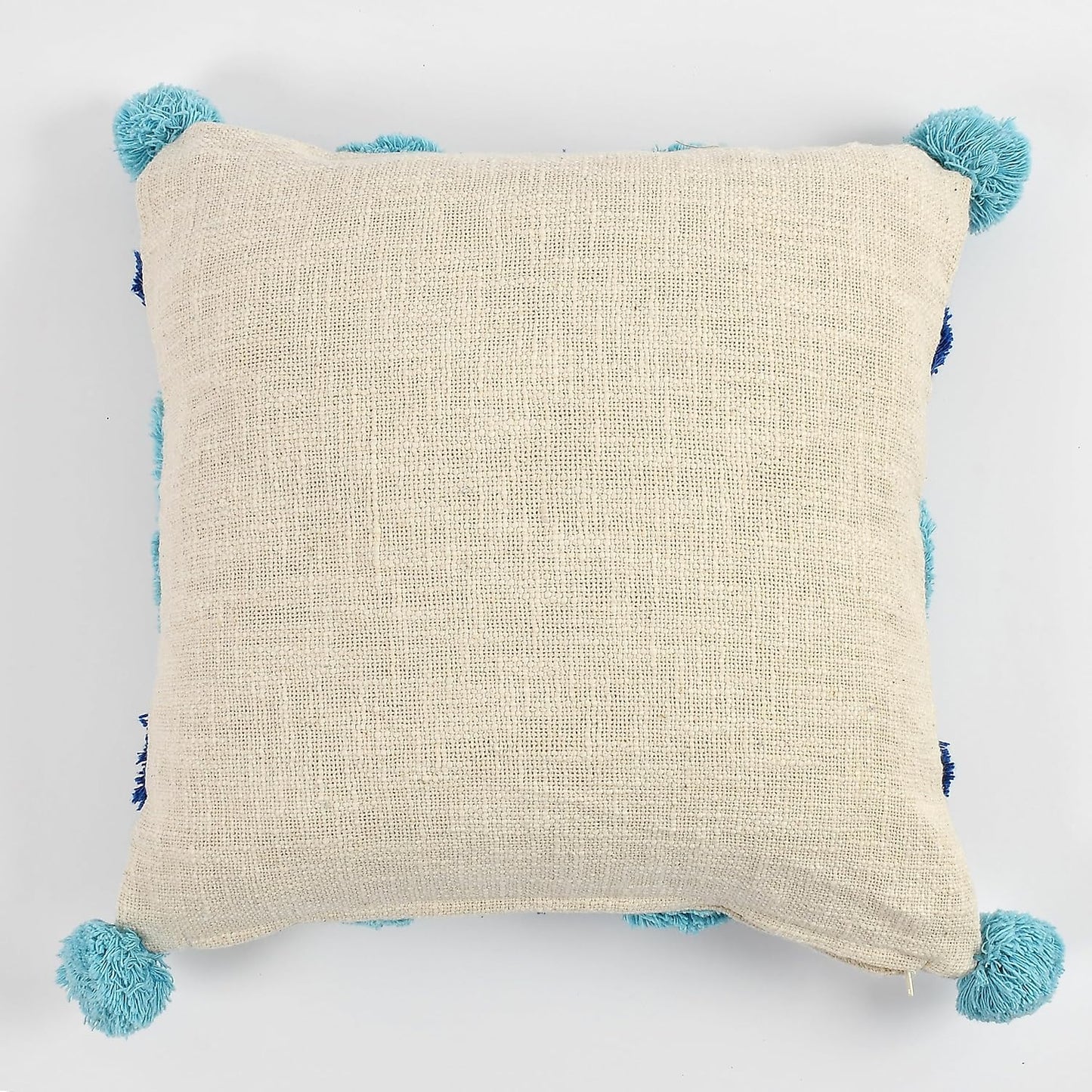 Modern Bohemian Geometric Tufted Throw Pillow Cover, Blue Mix Pom Poms, 16x16 Inch, 1 Piece | Decorative Cushion for Sofa & Home Decor