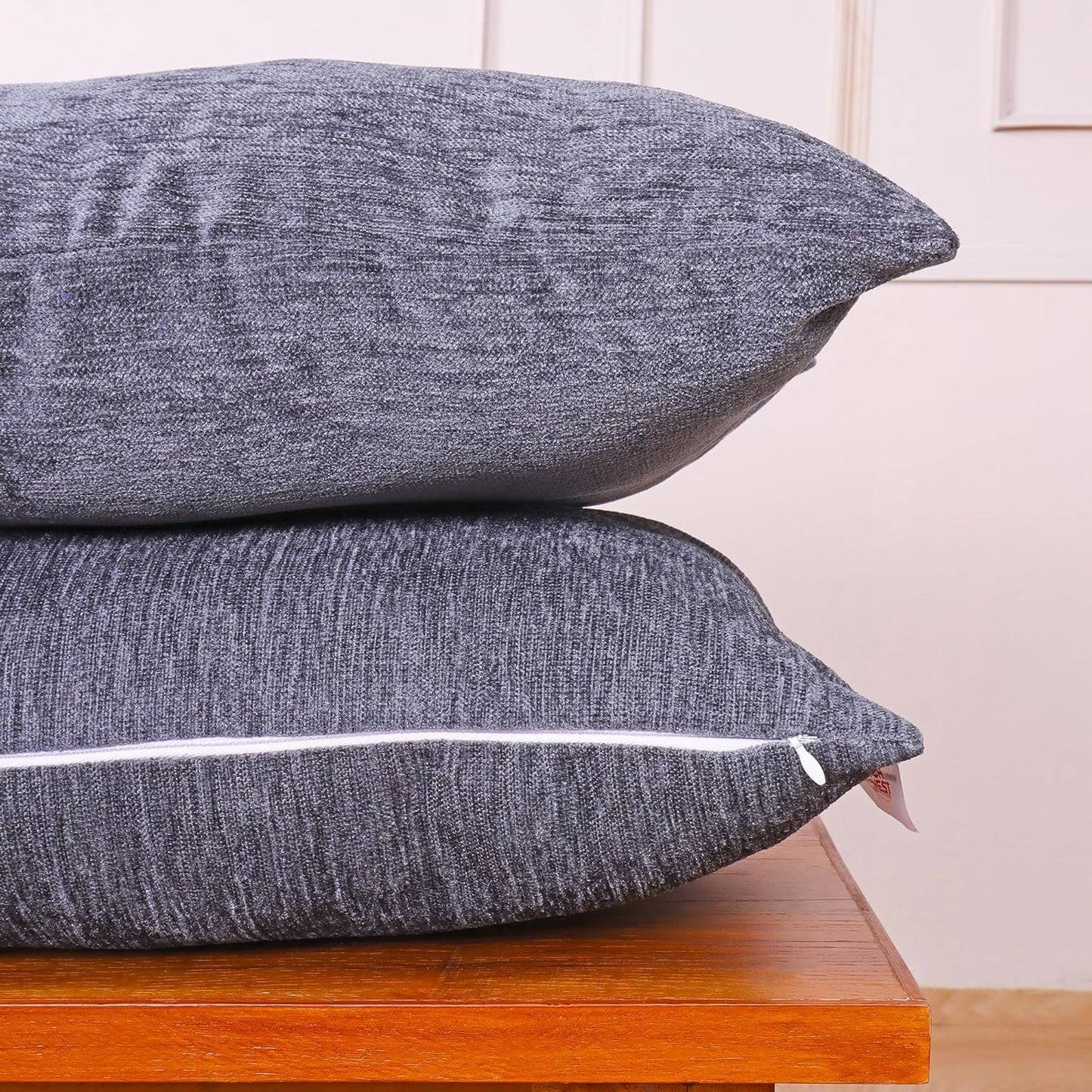 Soft Velvet Dark Grey Chenille Cushion Covers 16x16 Set of 2 | Durable Machine Washable Sofa Couch Bed Living Room Decor