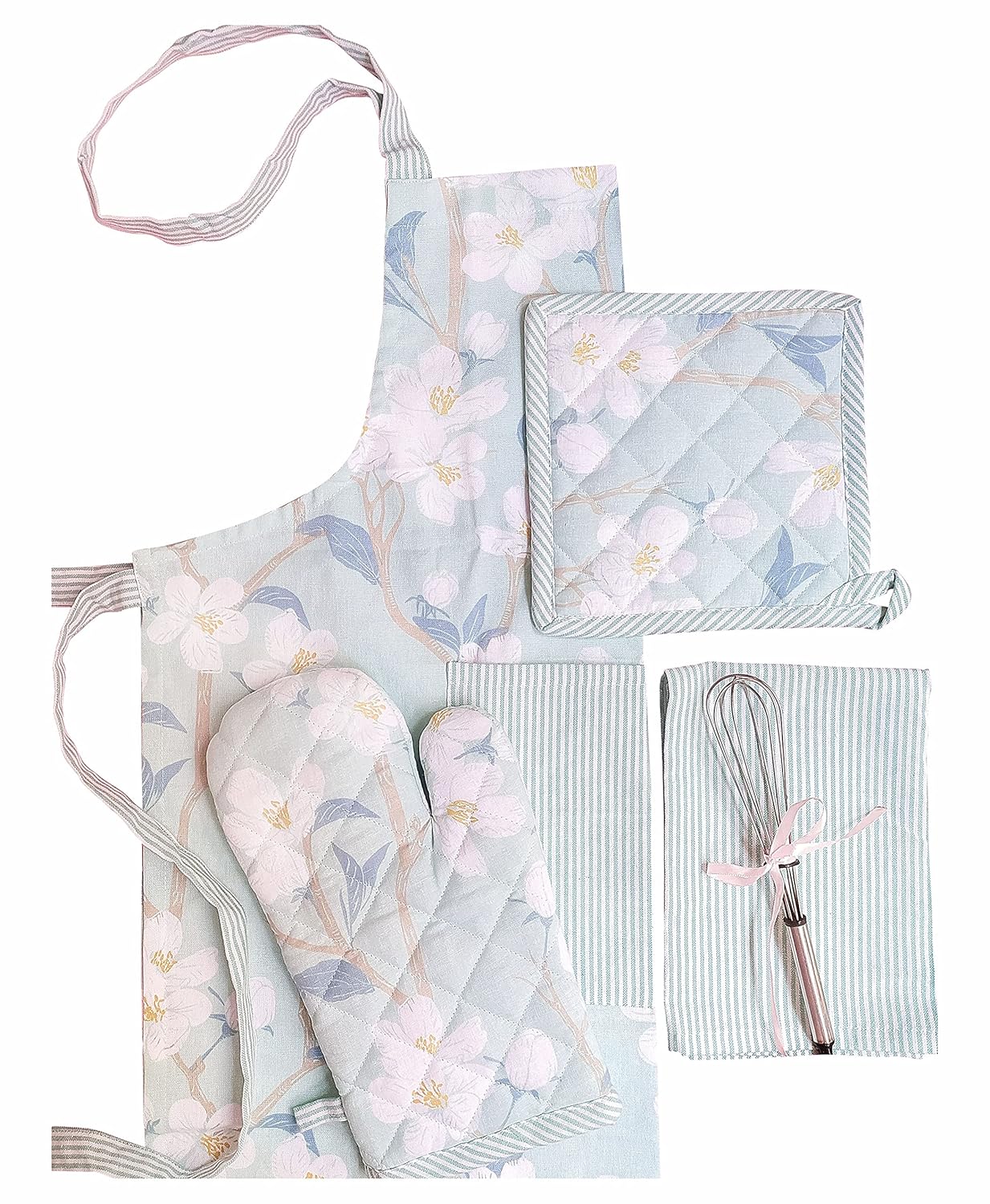 Printed Apron Set – Kitchen Linen Collection – 100% Cotton – 4-Piece Teal Blossom
