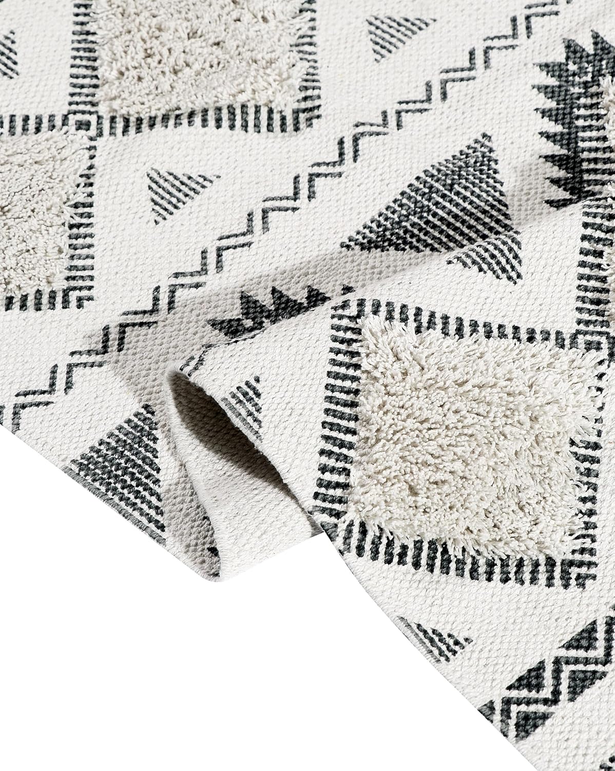 Hand Woven Tufted Black & Natural White 100% Cotton Rug Runner 2x5 Feet | Premium Bedroom Living Room Hallway Decor