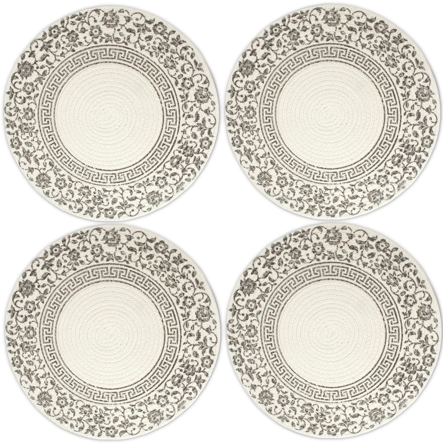 Handmade Ribbed Printed Grey Round Table Mats Set of 4 | Heat-Resistant, Washable Placemats for Dining