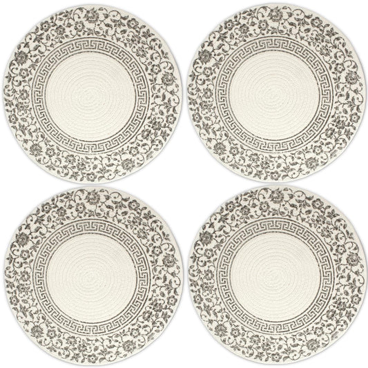 Handmade Ribbed Printed Grey Round Table Mats Set of 4 | Heat-Resistant, Washable Placemats for Dining