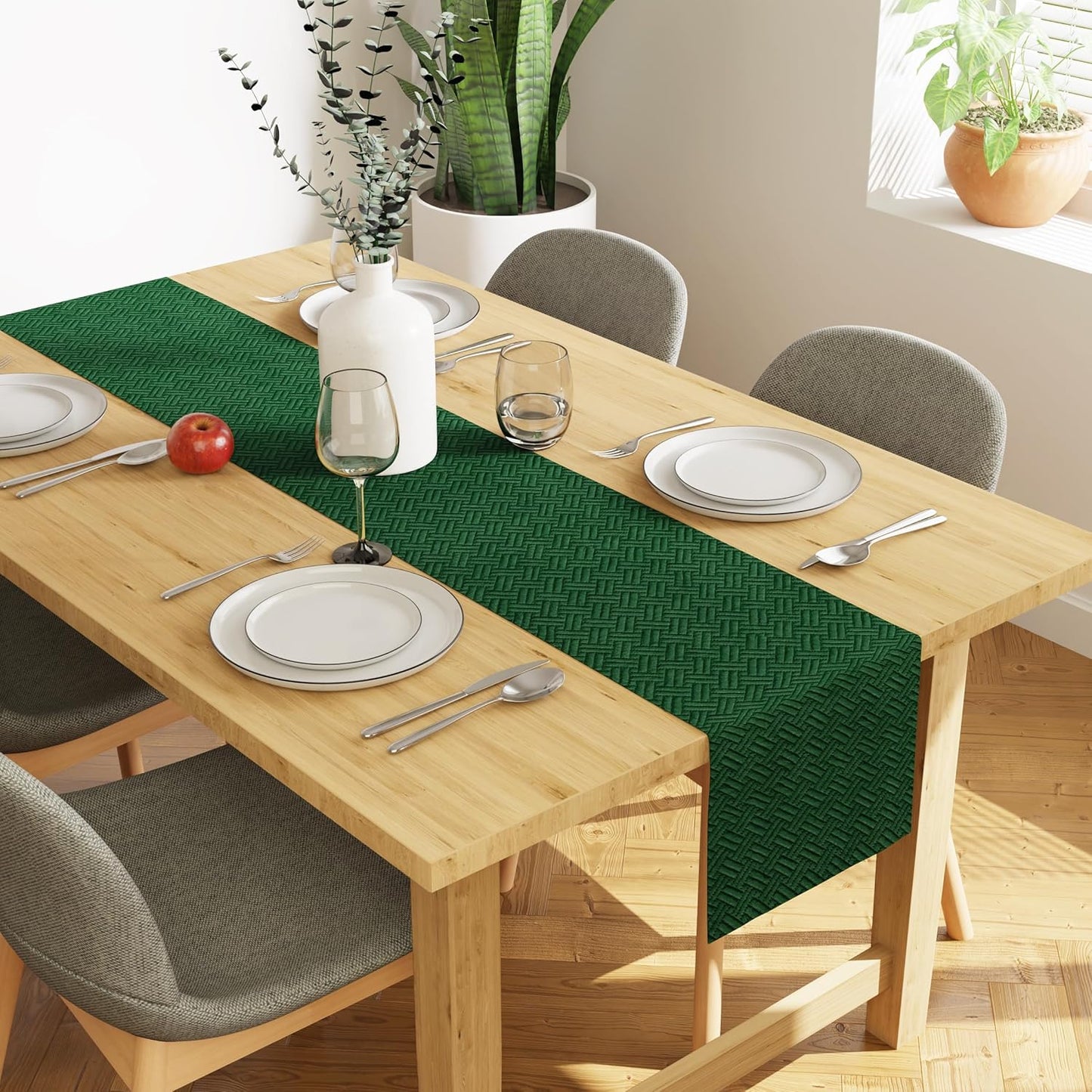 Forest Green Quilted Velvet Dining Table Runner 32x150 cm for 4-6 Seater | Machine Washable, Home Decor, Kitchen Linens