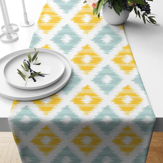 Ikat Yellow Teal Printed Poly Cotton Table & Bed Runner (13x60 In) | Modern Washable Home Decor Dining Living