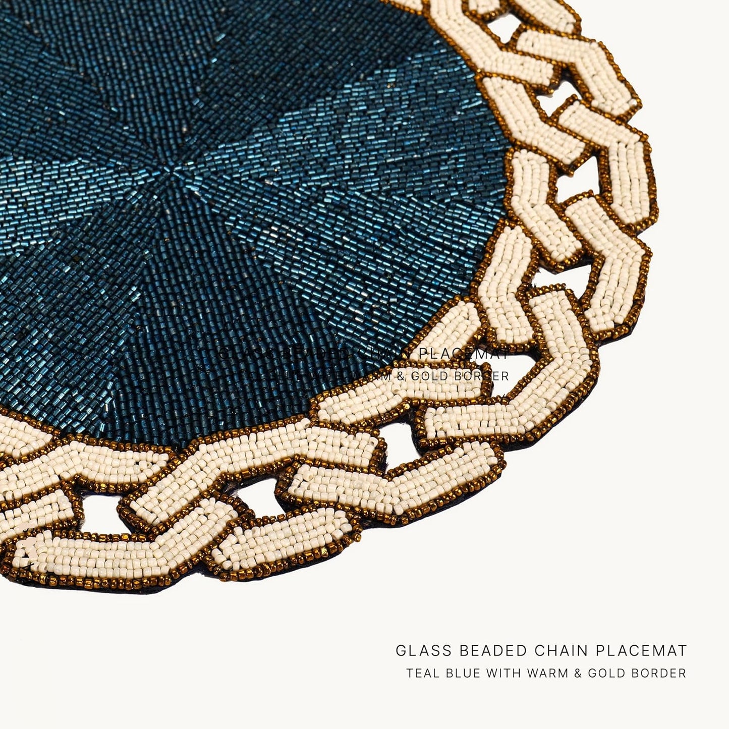 Handcrafted Chained Glass Beaded Placemat 14" Round Single | Easy Clean, Heat-Resistant, Non-Slip for Dining, Coffee Table Decor, Blue White