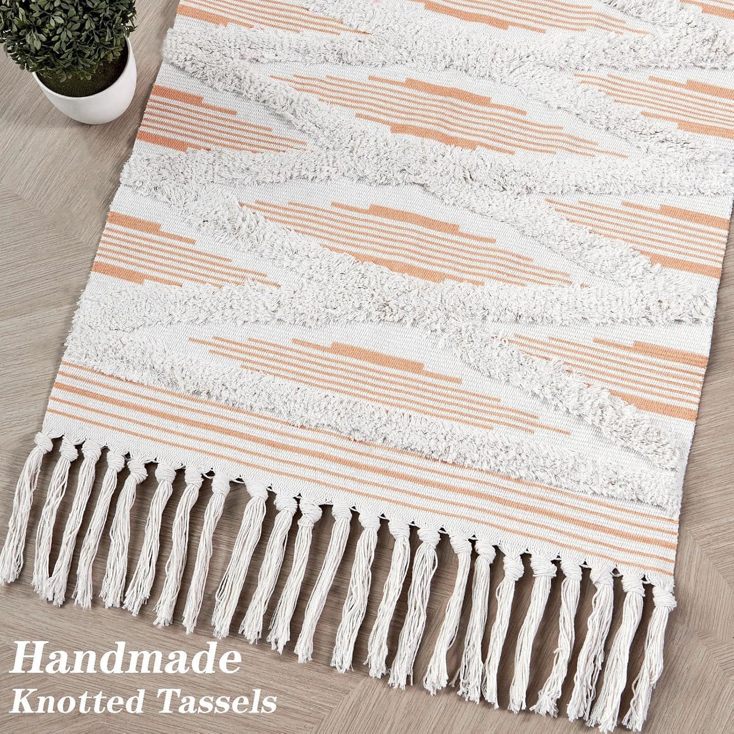 Hand Woven Rust Zigzag 100% Natural Cotton Rug Runner 2x5 ft (60x152 cm) | Washable Bedroom Living Room Floor Decor