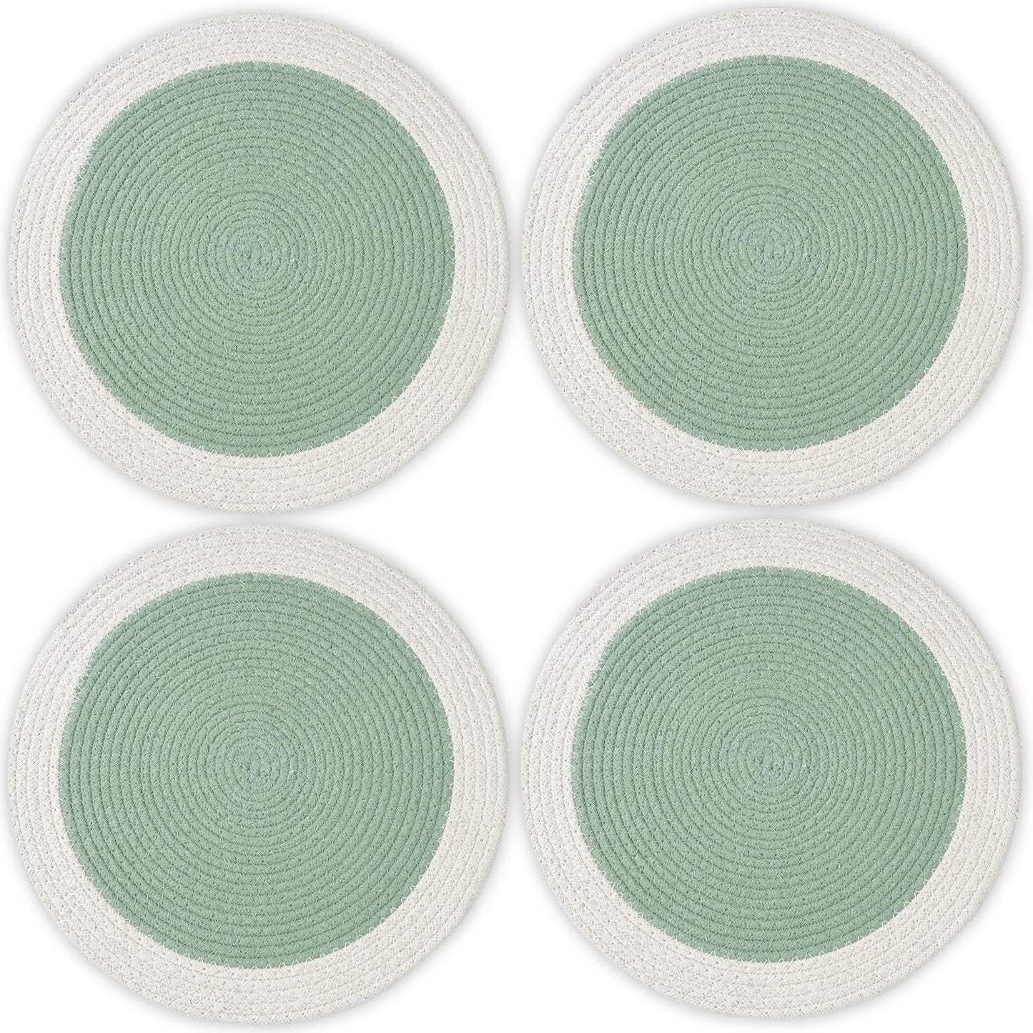 Sage & Off White Handmade Ribbed Cotton Round Table Mats Set of 4 | Heat-Resistant, Non-Slip, Washable Dining Placemats