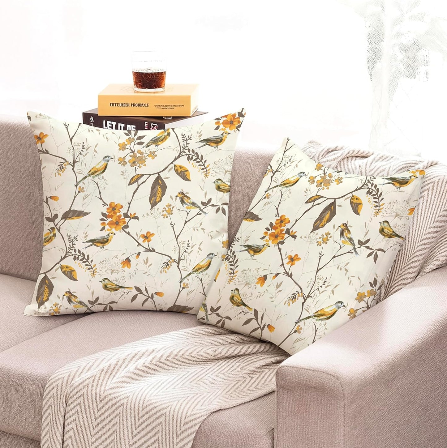Jaipur Weaves Golden Bird Decorative Soft Cushion Covers 16x16 Inch - Set of 2 | Organic Cotton Home Decor Sofa Bed Chair