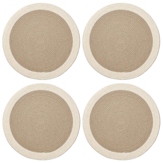 Beige Ribbed Cotton Round Table Mats Set of 4 (32cm) | Handmade Heat-Resistant Washable Dining Placemats
