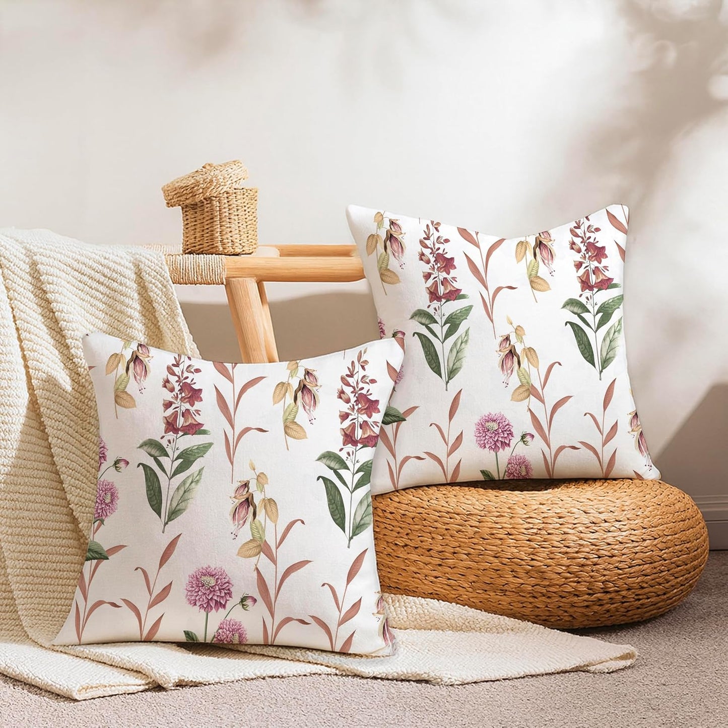 Floral Jacquard Weave Cushion Covers 16x16" - Set of 2, Cotton Feel 250 GSM Soft Decorative Pillow Covers for Sofa/Bed/Home Decor