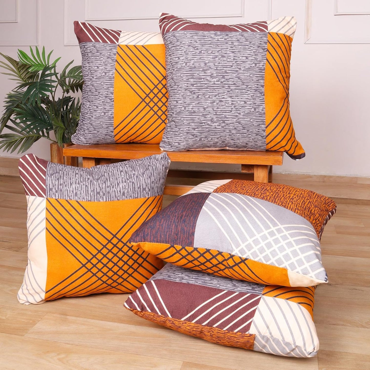 Modern Geometric Patchwork Print Cushion Covers Set of 5 | 16x16 Orange Brown Grey Polycotton Pillow Cases for Sofa Bed Decor