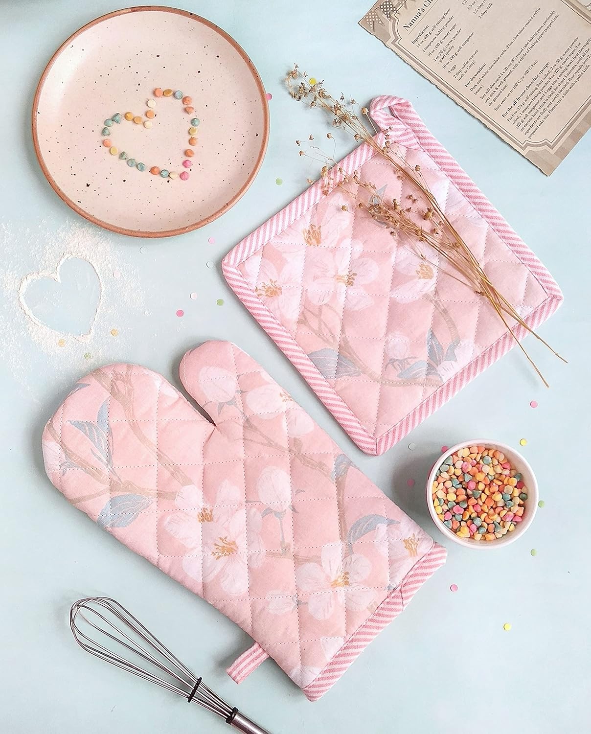 Ensemble de maniques et gants de cuisine à motif fleurs de cerisier – Linge de cuisine – 100 % coton – Lot de 2 pièces de tailles assorties
