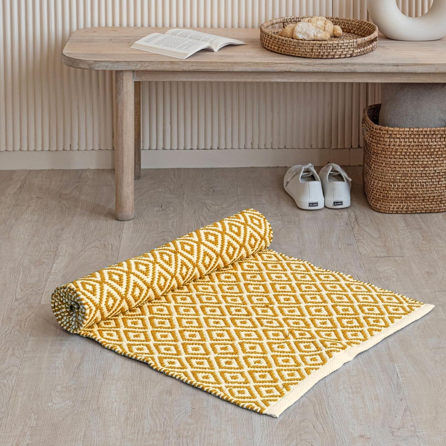 Boho Farmhouse Handmade Cotton Diamond Pit Loom Floor Rug Runner 2x6 ft | Kitchen Living Room Entryway Mat