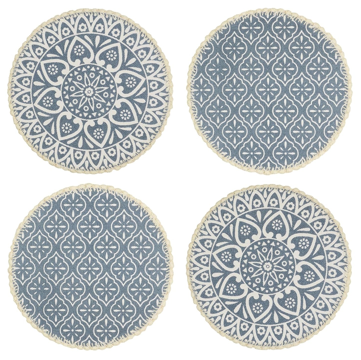 Jute Cotton Crochet Printed Round Antiskid Table Mats Placemats, Set of 4 (38x38cm) | Dining, Bedside, Coffee Table Decor