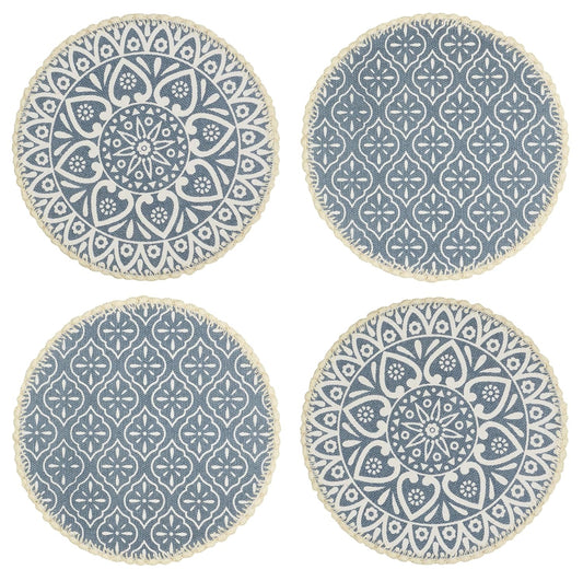 Jute Cotton Crochet Printed Round Antiskid Table Mats Placemats, Set of 4 (38x38cm) | Dining, Bedside, Coffee Table Decor