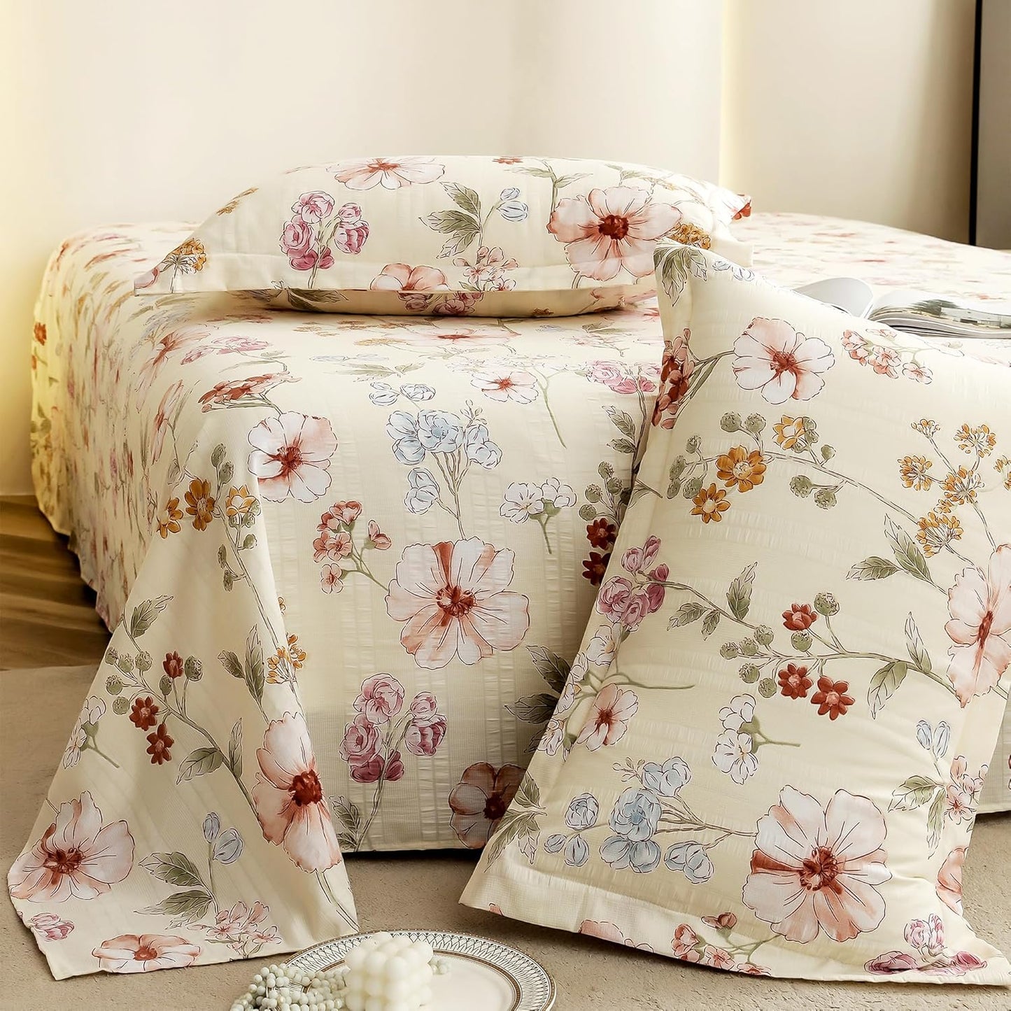 Drap-housse King Size - Coton nuage 300 fils/cm² - Motif floral, 2 taies d'oreiller