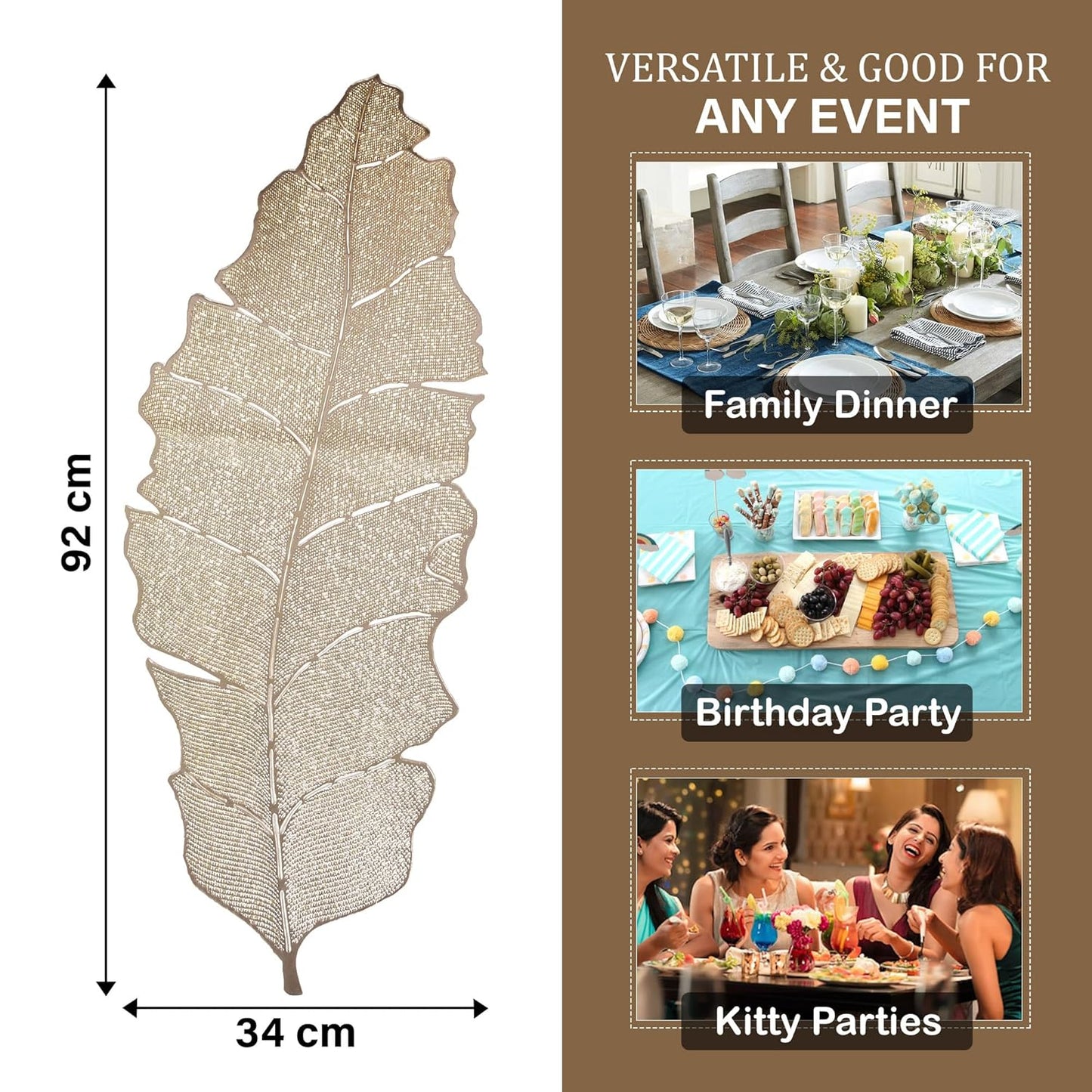 Elegant Formal Golden Leather Leaf Pattern Table Runner 92x34 cm | Durable Dining Table Decor, Home Kitchen