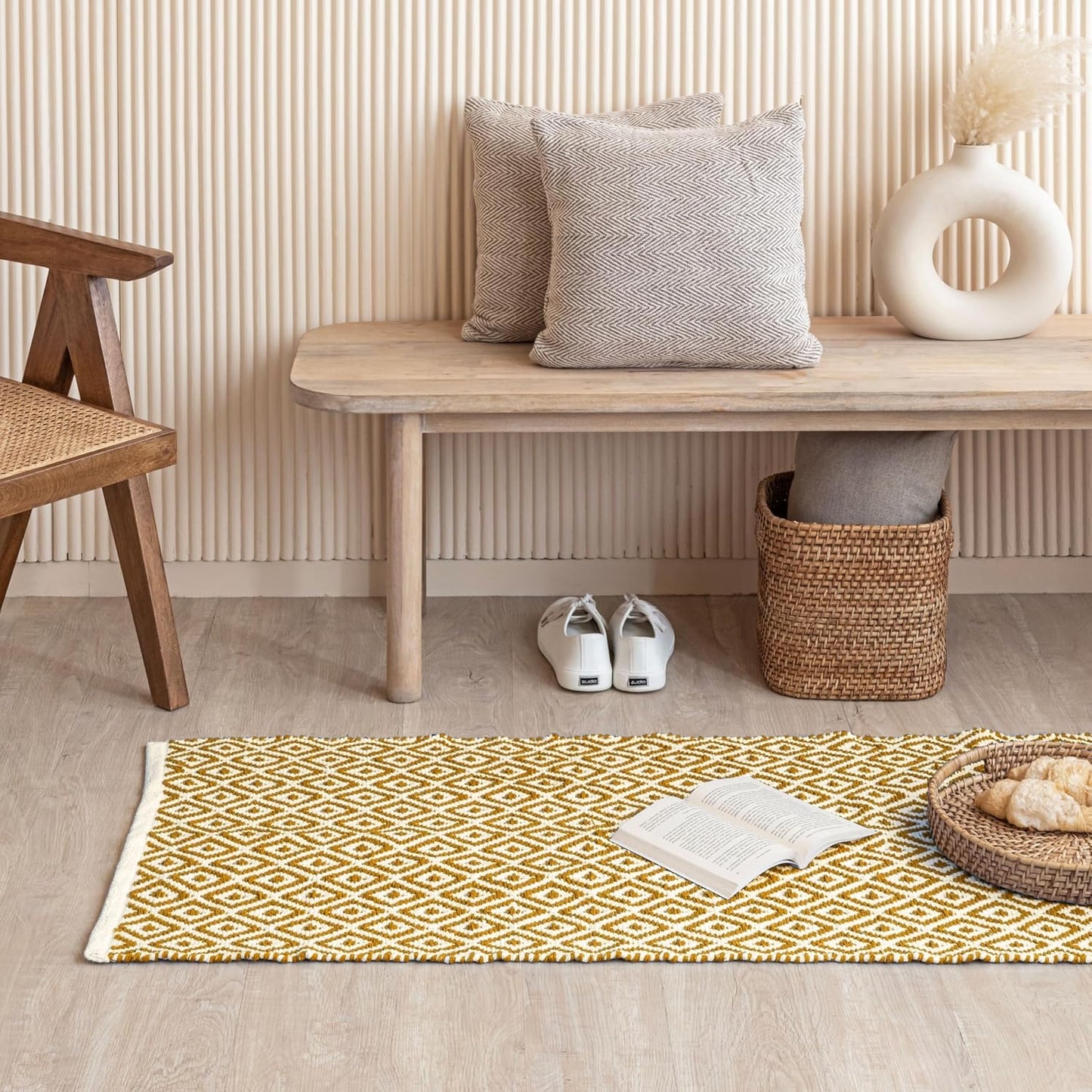 Boho Farmhouse Handmade Cotton Diamond Pit Loom Floor Rug Runner 2x6 ft | Kitchen Living Room Entryway Mat