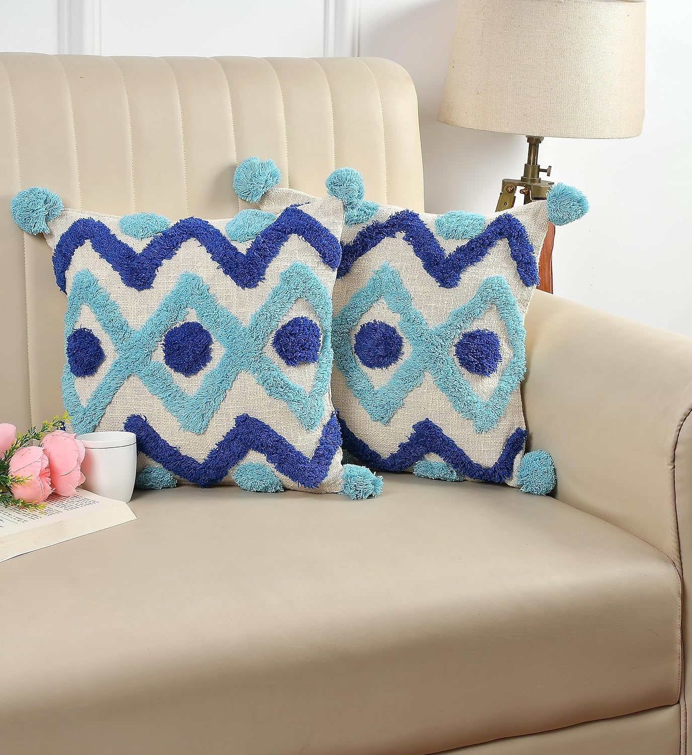 Modern Bohemian Geometric Tufted Throw Pillow Cover, Blue Mix Pom Poms, 16x16 Inch, 1 Piece | Decorative Cushion for Sofa & Home Decor