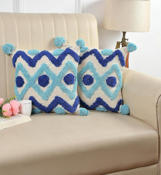 Modern Bohemian Geometric Tufted Throw Pillow Cover, Blue Mix Pom Poms, 16x16 Inch, 1 Piece | Decorative Cushion for Sofa & Home Decor