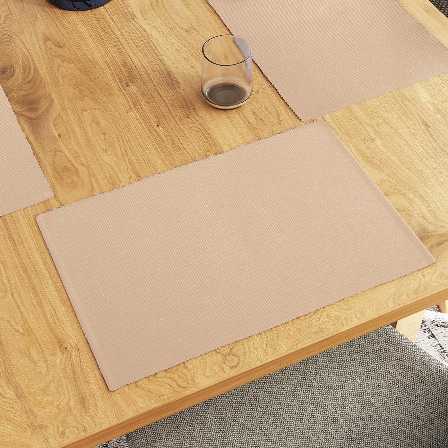 Solid Beige Ribbed Cotton Dining Table Mats Set of 6 (48x32 cm) | Heat-Resistant, Washable Placemats for Kitchen & Dining