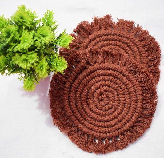 Brown Macrame Handwoven Cotton Coaster Set – 6" Diameter, 2-Pack